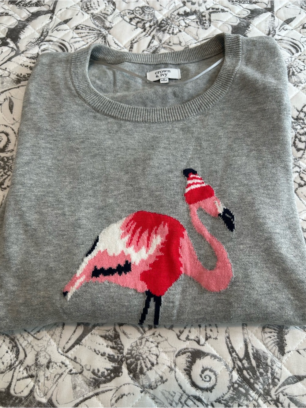 crown & ivy Gray Crewneck Sweater with Pink Flamingo Motif